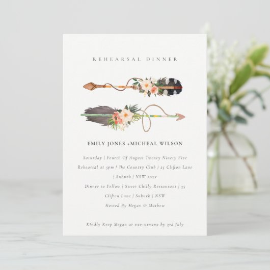 Boho Feather Floral Arrow Rehearsal Dinner Invite Bedankkaart (Staand voorkant)