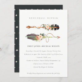 Boho Feather Floral Arrow Rehearsal Dinner Invite Bedankkaart
