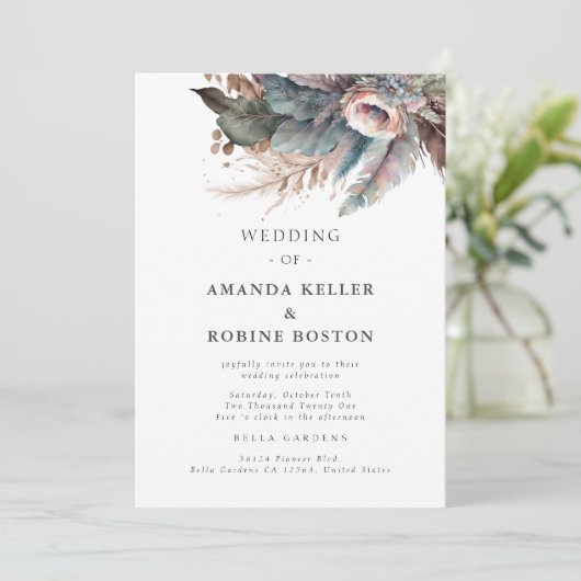 Boho Feather Floral bruiloft uitnodiging (Staand voorkant)