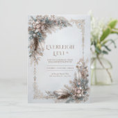 Boho Feather Floral Dusty Blue Gold Frame Wedding Kaart (Staand voorkant)