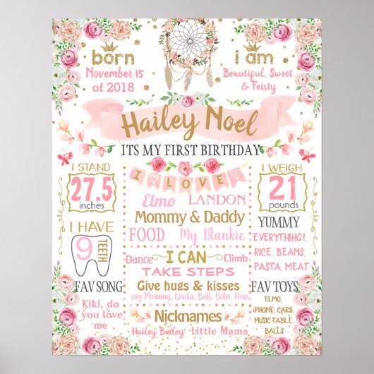 Boho Feather Floral Flowers Birthday Party sign Poster (Voorkant)