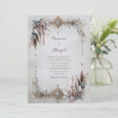 Boho Feather Floral Gold Jewel Frame Wedding Kaart (Staand voorkant)