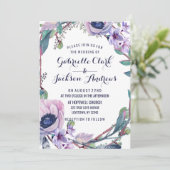 Boho Feather & Floral krans bruiloft uitnodigingen (Staand voorkant)