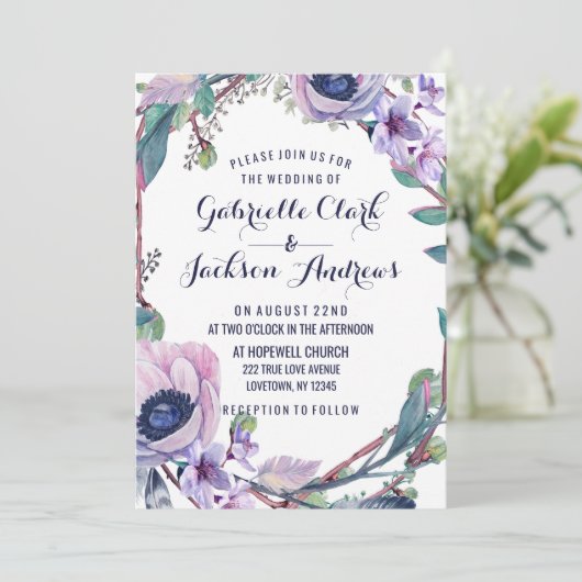 Boho Feather & Floral krans bruiloft uitnodigingen (Staand voorkant)