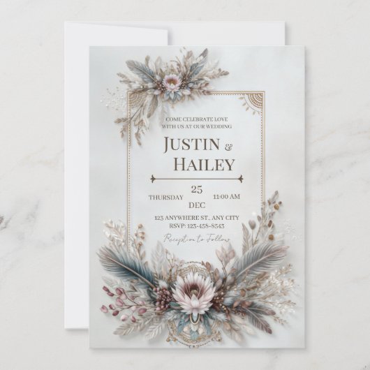 Boho Feather Floral Pink Gold Frame Wedding Kaart (Voorkant)