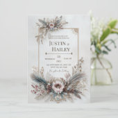 Boho Feather Floral Pink Gold Frame Wedding Kaart (Staand voorkant)