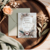 Boho Feather Floral Pink Gold Frame Wedding Kaart