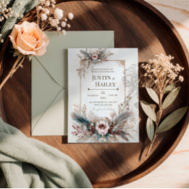 Boho Feather Floral Pink Gold Frame Wedding Kaart