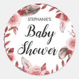 Boho Feather Floral Wreath Baby shower Ronde Sticker