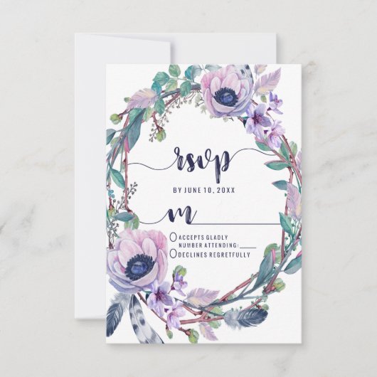 Boho Feather & Floral Wreath Bruiloft RSVP Reactie (Voorkant)