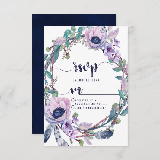 Boho Feather & Floral Wreath Bruiloft RSVP Reactie (Voorkant / Achterkant)