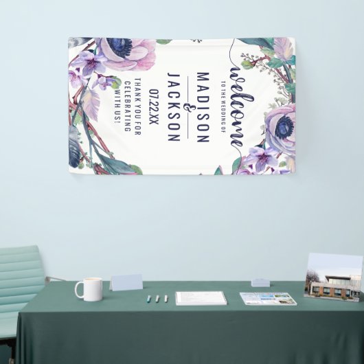 Boho Feather & Floral Wreath Bruiloft Welkom Spandoek (Beurs)