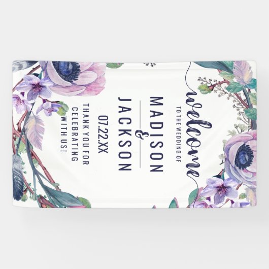 Boho Feather & Floral Wreath Bruiloft Welkom Spandoek (Horizontaal)