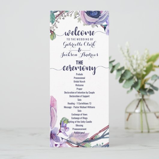 Boho Feather & Floral Wreath Trouwprogramma Programmakaart (Staand voorkant)