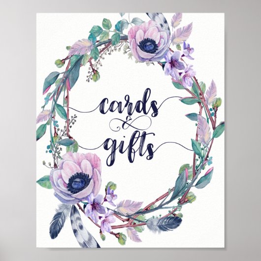 Boho Feather & Floral Wreath Wedding Cards & Gifts Poster (Voorkant)