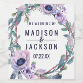 Boho Feather & Floral Wreath Wedding Monogram Wijn Etiket (Enkel label)