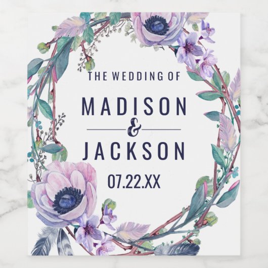 Boho Feather & Floral Wreath Wedding Monogram Wijn Etiket (Enkel label)