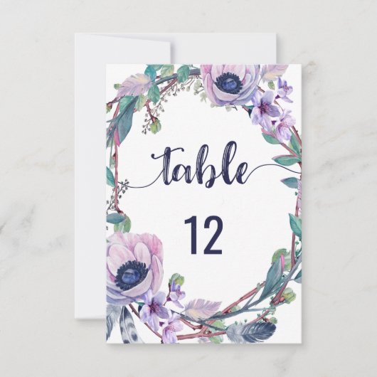 Boho Feather & Floral Wreath Wedding Table Numbers Kaart (Voorkant)