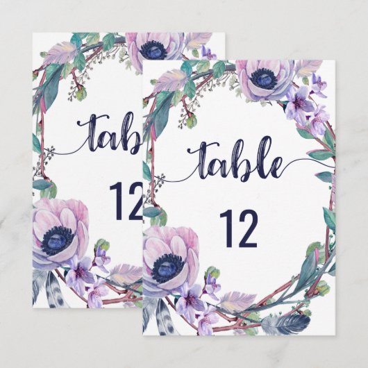 Boho Feather & Floral Wreath Wedding Table Numbers Kaart (Voorkant / Achterkant)