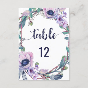Boho Feather & Floral Wreath Wedding Table Numbers Kaart