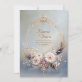 Boho Feather Gold Oval Frame Purple Jewel Wedding Kaart (Voorkant)