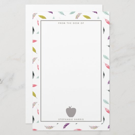 Boho Feather Gray Apple-leraar Briefpapier (Voorkant / Achterkant)