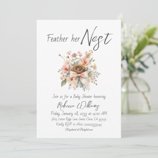 Boho Feather Her Nest Bow Baby Shower Kaart (Staand voorkant)