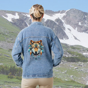 Boho Feather inheemse Amerikaanse wolf Denim Jacket