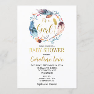 Boho Feather Krans Baby shower Invitation Girl Kaart