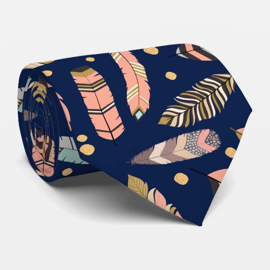 Boho Feather Pattern op Navy Blue Stropdas (Opgerold)
