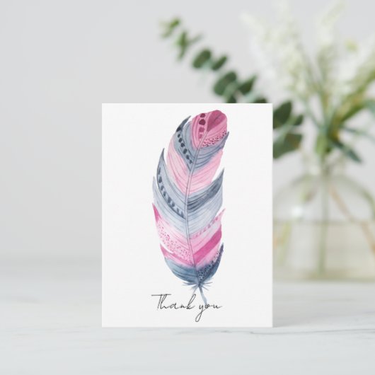 Boho Feather Pink Grey Waterverf Hartelijk dank Briefkaart (Staand voorkant)