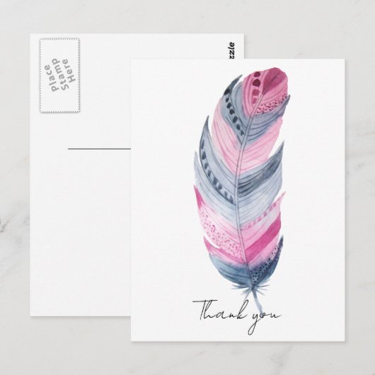 Boho Feather Pink Grey Waterverf Hartelijk dank Briefkaart (Voorkant / Achterkant)