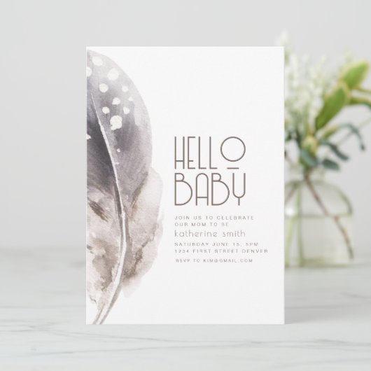 Boho Feather Thema Baby shower Uitnodiging (Staand voorkant)