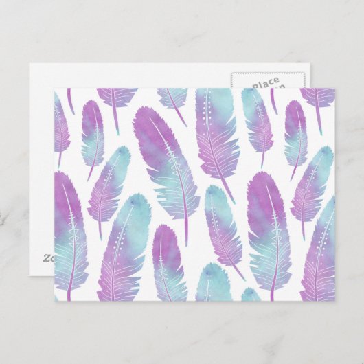 Boho Feather Waterverf Paars en blauw Briefkaart (Voorkant / Achterkant)