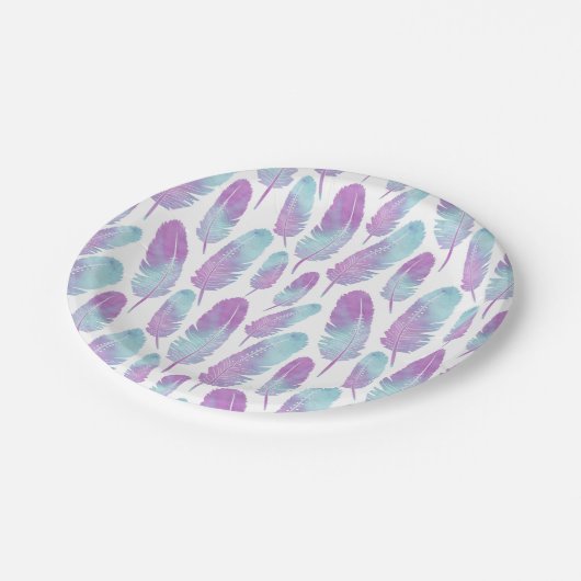 Boho Feather Waterverf Paars en blauw Papieren Bordje (Gekanteld)