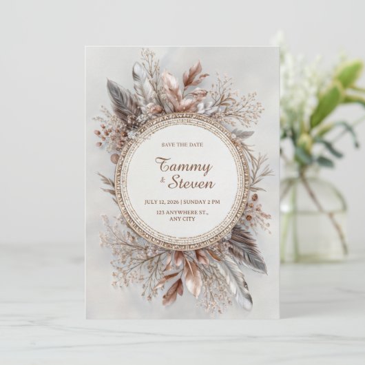 Boho Feather Wreath Earth Tone Gold Frame Wedding Kaart (Staand voorkant)