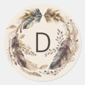 Boho Feather Wreath Monogram Ronde Sticker (Voorkant)