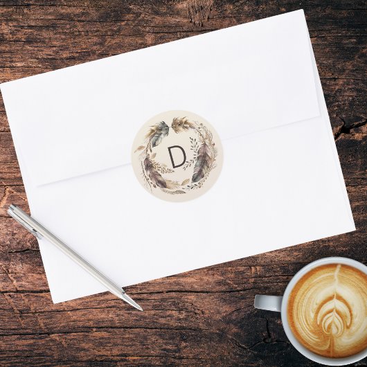 Boho Feather Wreath Monogram Ronde Sticker