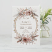 Boho Feather Wreath Pink Floral Gold Wedding Kaart (Staand voorkant)