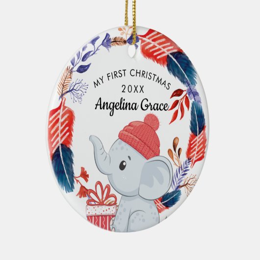 Boho Feathers and Elephant Baby's 1st Kerstmis Keramisch Ornament (Rechts)