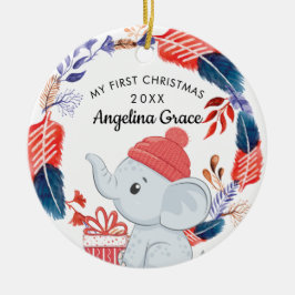 Boho Feathers and Elephant Baby's 1st Kerstmis Keramisch Ornament