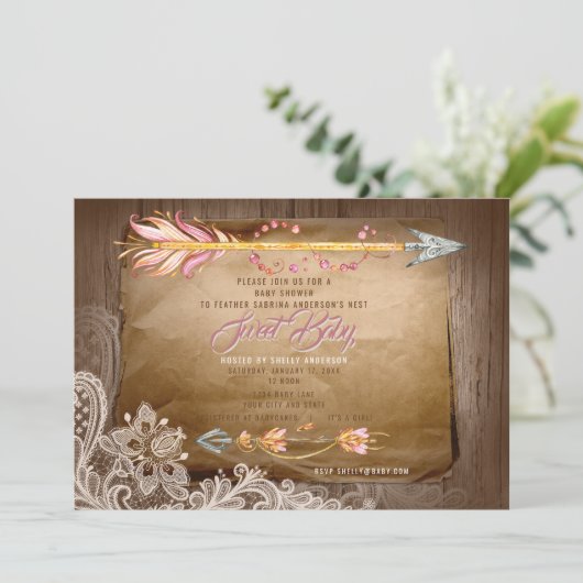 BOHO Feathers and Lace Het is een meisje Baby show Kaart (Staand voorkant)