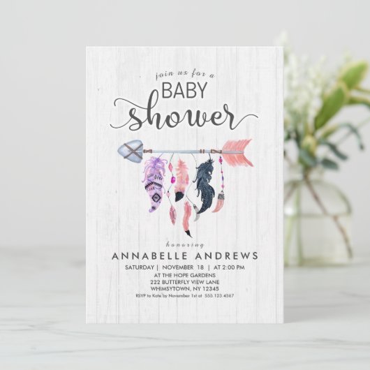 Boho Feathers & Arrow Baby shower Uitnodiging (Staand voorkant)