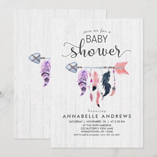 Boho Feathers & Arrow Baby shower Uitnodiging (Voorkant / Achterkant)