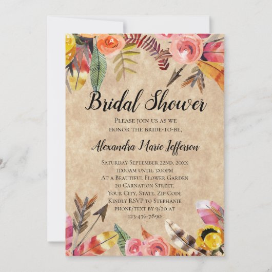Boho Feathers Arrows Flowers Rustic Wedding Kaart (Voorkant)