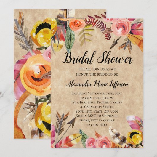 Boho Feathers Arrows Flowers Rustic Wedding Kaart (Voorkant / Achterkant)