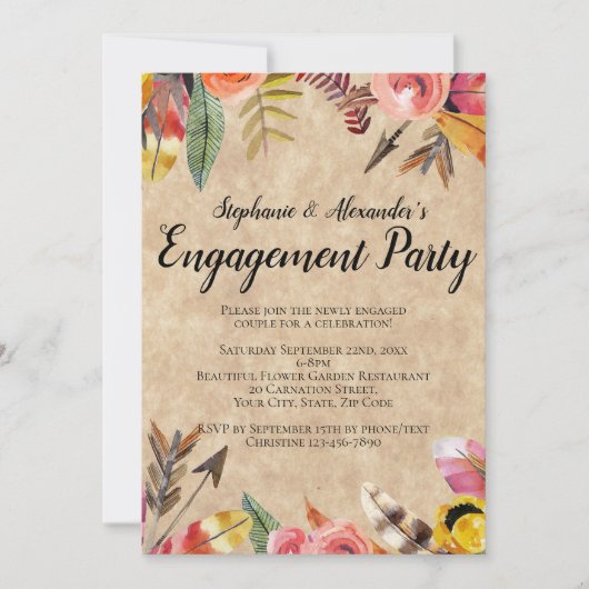 Boho Feathers Arrows Flowers Rustic Wedding Kaart (Voorkant)