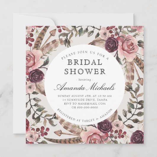 Boho Feathers Burgundy Beige Floral Vrijgezellenfe Kaart (Voorkant)