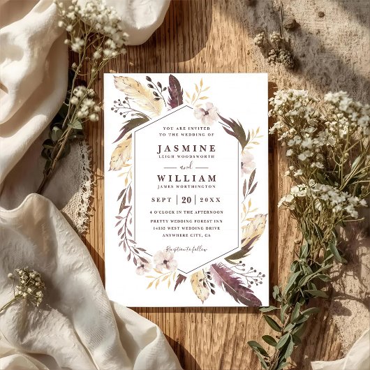 Boho Feathers Elagant Modern Chic QR Code Wedding Kaart