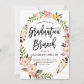 Boho Feathers & Floral Wreath Afstuderen Brunch Kaart (Voorkant)